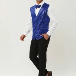 Allegra K Men's Disco Shiny Sequin Vest Sleeveless Suit Waistcoat Set With Bow Tie