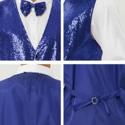 Allegra K Men's Disco Shiny Sequin Vest Sleeveless Suit Waistcoat Set With Bow Tie