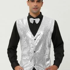 Allegra K Men's Disco Shiny Sequin Vest Sleeveless Suit Waistcoat Set With Bow Tie