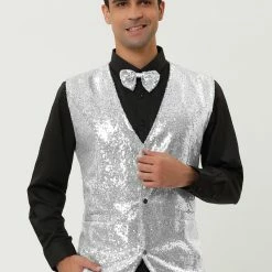 Allegra K Men's Disco Shiny Sequin Vest Sleeveless Suit Waistcoat Set With Bow Tie