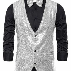 Allegra K Men's Disco Shiny Sequin Vest Sleeveless Suit Waistcoat Set With Bow Tie