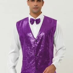 Allegra K Men's Disco Shiny Sequin Vest Sleeveless Suit Waistcoat Set With Bow Tie