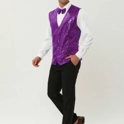 Allegra K Men's Disco Shiny Sequin Vest Sleeveless Suit Waistcoat Set With Bow Tie