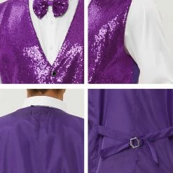Allegra K Men's Disco Shiny Sequin Vest Sleeveless Suit Waistcoat Set With Bow Tie