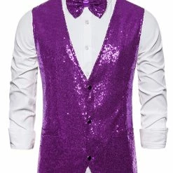Allegra K Men's Disco Shiny Sequin Vest Sleeveless Suit Waistcoat Set With Bow Tie