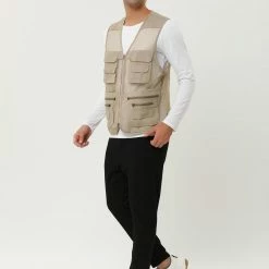Allegra K Men's Cargo Vest Lightweight Zipper Mesh Safari Sleeveless Jacket With Pockets
