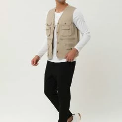 Allegra K Men's Outdoor Safari Waistcoat Sleeveless Multi Pockets Button Gilet Cargo Vest 43 Allegra K Men's Outdoor Safari Waistcoat Sleeveless Multi Pockets Button Gilet Cargo Vest