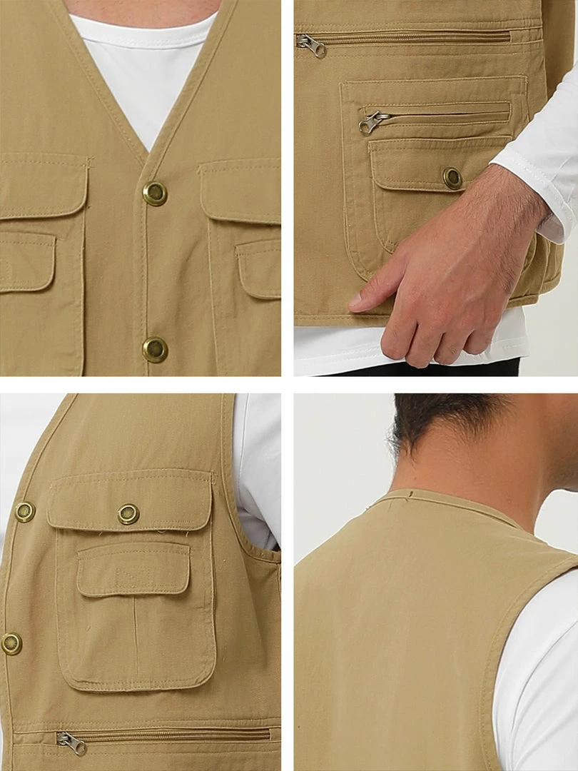 Allegra K Men's Outdoor Safari Waistcoat Sleeveless Multi Pockets Button Gilet Cargo Vest 15 Allegra K Men's Outdoor Safari Waistcoat Sleeveless Multi Pockets Button Gilet Cargo Vest