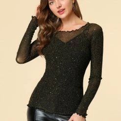 Allegra K Long Sleeve Ruffles Mesh Tops With Spaghetti Strap Camisole