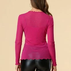 Allegra K Long Sleeve Ruffles Mesh Tops With Spaghetti Strap Camisole