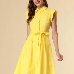 Allegra K Women's Cotton Shirtdress Work Office Ruffled Sleeveless Dress With Belt