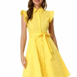 Allegra K Women's Cotton Shirtdress Work Office Ruffled Sleeveless Dress With Belt
