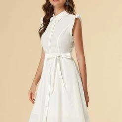 Allegra K Women's Cotton Shirtdress Work Office Ruffled Sleeveless Dress With Belt