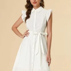 Allegra K Women's Cotton Shirtdress Work Office Ruffled Sleeveless Dress With Belt
