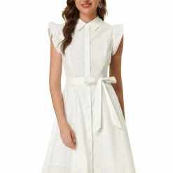 Allegra K Women's Cotton Shirtdress Work Office Ruffled Sleeveless Dress With Belt