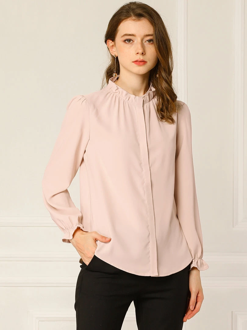 Allegra K Women's Button-Down Work Office Tops Chiffon Ruffled Stand Collar Blouse 28 Allegra K Women's Button-Down Work Office Tops Chiffon Ruffled Stand Collar Blouse