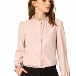 Allegra K Women's Button-Down Work Office Tops Chiffon Ruffled Stand Collar Blouse 60 Allegra K Women's Button-Down Work Office Tops Chiffon Ruffled Stand Collar Blouse