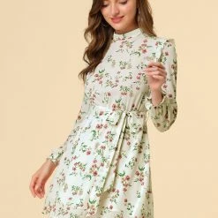 Allegra K Women's Ruffle Stand Collar Belted Floral Keyhole Back Half Lined Elastic Waist Dress