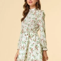 Allegra K Women's Ruffle Stand Collar Belted Floral Keyhole Back Half Lined Elastic Waist Dress