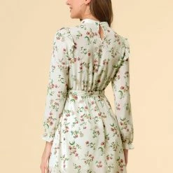 Allegra K Women's Ruffle Stand Collar Belted Floral Keyhole Back Half Lined Elastic Waist Dress
