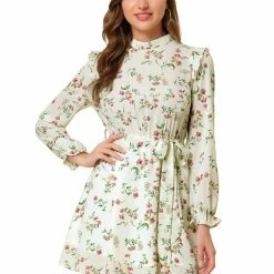 Allegra K Women's Ruffle Stand Collar Belted Floral Keyhole Back Half Lined Elastic Waist Dress