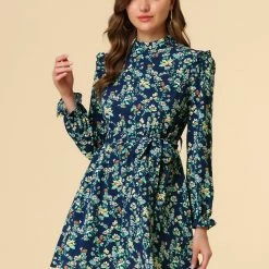Allegra K Women's Ruffle Stand Collar Belted Floral Keyhole Back Half Lined Elastic Waist Dress