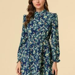 Allegra K Women's Ruffle Stand Collar Belted Floral Keyhole Back Half Lined Elastic Waist Dress