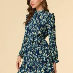 Allegra K Women's Ruffle Stand Collar Belted Floral Keyhole Back Half Lined Elastic Waist Dress