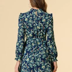 Allegra K Women's Ruffle Stand Collar Belted Floral Keyhole Back Half Lined Elastic Waist Dress