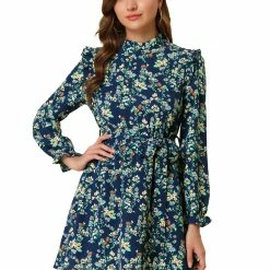 Allegra K Women's Ruffle Stand Collar Belted Floral Keyhole Back Half Lined Elastic Waist Dress