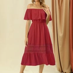 Allegra K Women's Off Shoulder Ruffle Lace Splicing Flutter Sleeve Maxi Dress