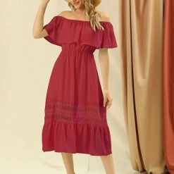 Allegra K Women's Off Shoulder Ruffle Lace Splicing Flutter Sleeve Maxi Dress