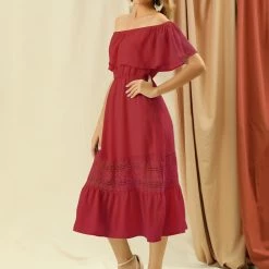 Allegra K Women's Off Shoulder Ruffle Lace Splicing Flutter Sleeve Maxi Dress