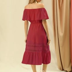 Allegra K Women's Off Shoulder Ruffle Lace Splicing Flutter Sleeve Maxi Dress