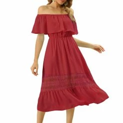 Allegra K Women's Off Shoulder Ruffle Lace Splicing Flutter Sleeve Maxi Dress