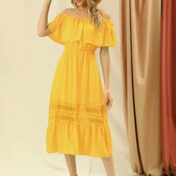 Allegra K Women's Off Shoulder Ruffle Lace Splicing Flutter Sleeve Maxi Dress