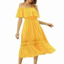 Allegra K Women's Off Shoulder Ruffle Lace Splicing Flutter Sleeve Maxi Dress