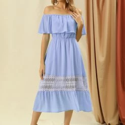 Allegra K Women's Off Shoulder Ruffle Lace Splicing Flutter Sleeve Maxi Dress