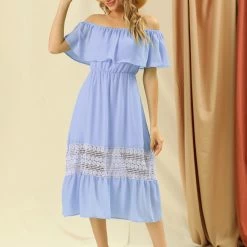 Allegra K Women's Off Shoulder Ruffle Lace Splicing Flutter Sleeve Maxi Dress