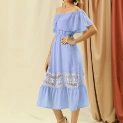 Allegra K Women's Off Shoulder Ruffle Lace Splicing Flutter Sleeve Maxi Dress