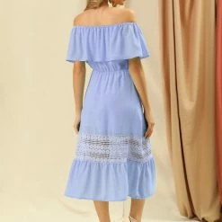 Allegra K Women's Off Shoulder Ruffle Lace Splicing Flutter Sleeve Maxi Dress