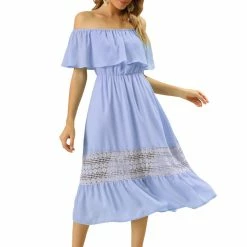 Allegra K Women's Off Shoulder Ruffle Lace Splicing Flutter Sleeve Maxi Dress