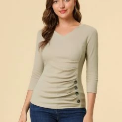 Allegra K Women's V Neck 3/4 Sleeves Solid Knitted Buttons Decor Ruched Top
