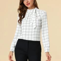 Allegra K Women's Bow-Tie Neck Blouse Office Work Checks Shirt Tops