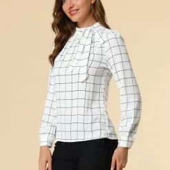 Allegra K Women's Bow-Tie Neck Blouse Office Work Checks Shirt Tops
