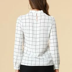 Allegra K Women's Bow-Tie Neck Blouse Office Work Checks Shirt Tops
