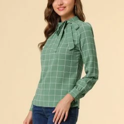 Allegra K Women's Bow-Tie Neck Blouse Office Work Checks Shirt Tops