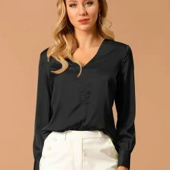 Allegra K Women’s Satin Long Sleeve V-Neck Shirt Elegant Work Solid Blouse Shirt