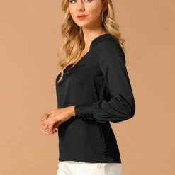 Allegra K Women’s Satin Long Sleeve V-Neck Shirt Elegant Work Solid Blouse Shirt