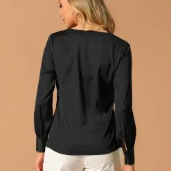 Allegra K Women’s Satin Long Sleeve V-Neck Shirt Elegant Work Solid Blouse Shirt
